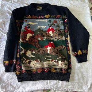 South Wool Sweater Virgin Wool Hunting Horse Dogs Hand Knitted Navy 90's Sz M